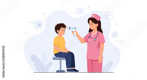 Nurse taking temperature of a child using an infrared thermometer, healthcare concept vector illustration