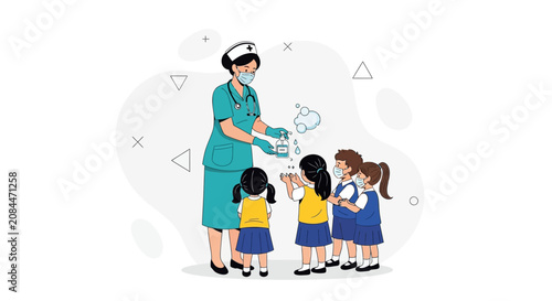 Nurse Teaching Children Hand Hygiene and Mask Wearing