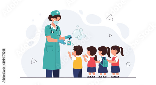 Nurse teaching children hand hygiene, sanitizing hands, preventing spread of germs and viruses. Healthcare and education concept.