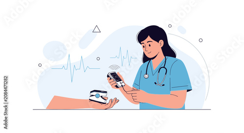 Nurse uses pulse oximeter and smartphone for patient monitoring, symbolizing telemedicine and modern healthcare technology