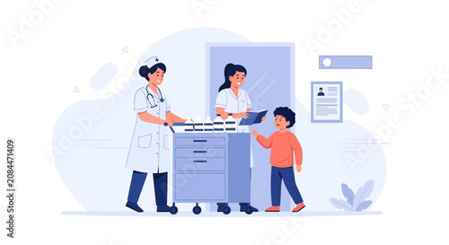 Nurses with child in modern hospital, medical cart with medicine, caring for patient, healthcare concept