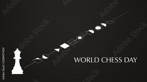 World chess day graphic with white queen piece and progressing geometric shapes strategy celebration international competition minimalist abstract intellectual leadership planning challenge