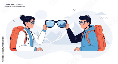 Ophthalmologist and Traveler Examine Eyeglasses Reflecting Mountain Landscape, Vision Care Concept