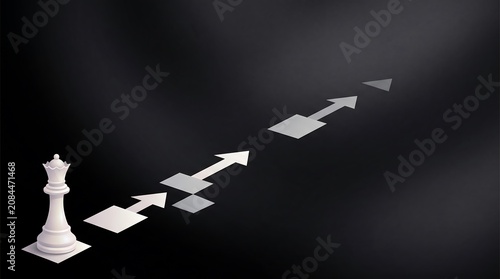 White queen chess piece moving forward towards a goal with strategy planning business leadership development movement direction advancement competition achievement thinking professional