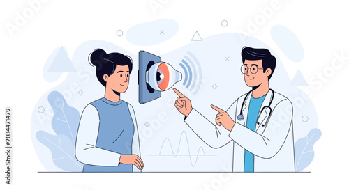 Ophthalmologist Consults Patient on Eye Health, Visual Acuity, and Vision Care with Digital Eye Exam Illustration