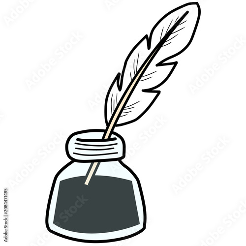 Vintage quill pen inside a dark glass inkwell bottle, hand drawn illustration of traditional literature author writing tool