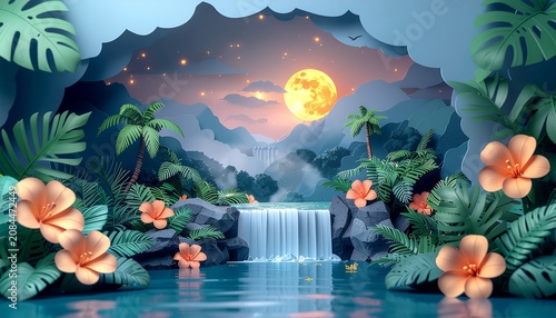 Moonlit Jungle Waterfall Layered Paper Cut Landscape
