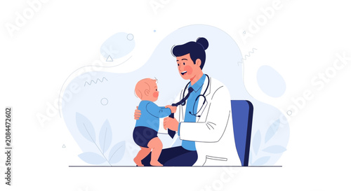 Pediatrician Helping Baby with Tie: Vector Illustration of Healthcare and Childhood Care