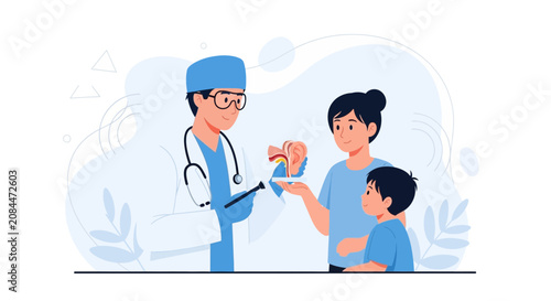 Pediatrician explains ear anatomy model to mother and child during medical consultation. Vector illustration