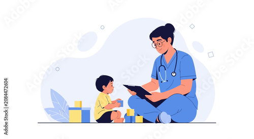 Pediatrician Interacting with Child Patient Playing with Blocks, Vector Illustration