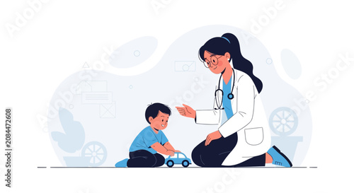 Pediatrician interacting with child patient, promoting positive healthcare experience and trust through play.