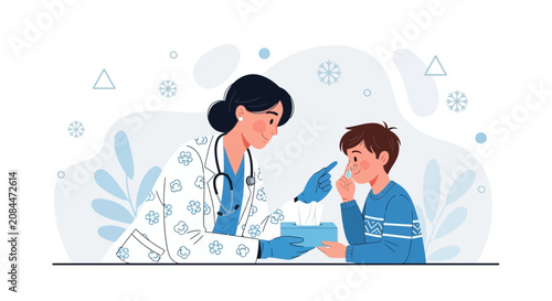 Pediatrician Examining Child's Nose During Winter Season, Vector Illustration