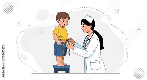 Pediatrician measuring child's waist with tape measure for health check, vector illustration