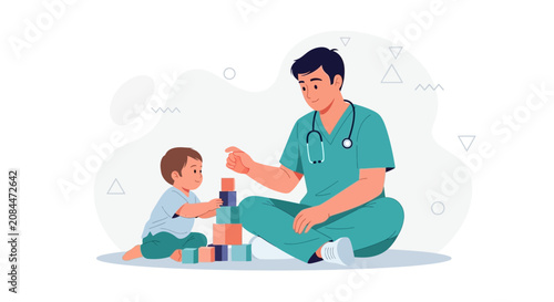 Pediatrician Playing Blocks with Child Patient, Symbolizing Healthcare Compassion and Healing