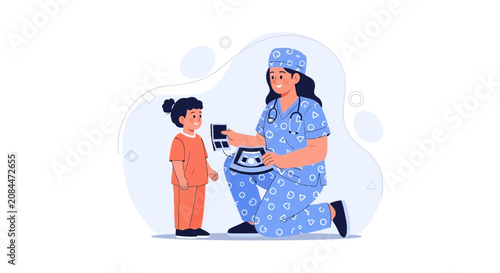 Pediatrician showing ultrasound scan to child, healthcare, medical examination, child care, doctor visit, illustration