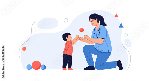 Pediatrician playing with child, illustration of healthcare and childhood development