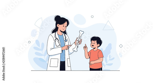 Pediatrician teaching a child about bones, vector illustration with a friendly doctor and a curious boy exploring anatomy.