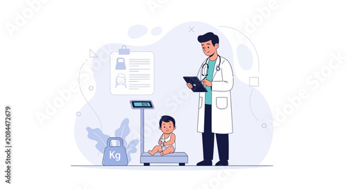 Pediatrician weighing a baby on a scale, vector illustration of child healthcare and medical check-up