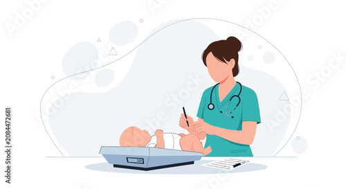 Pediatrician Weighing Baby on Scale, Healthcare Concept Illustration