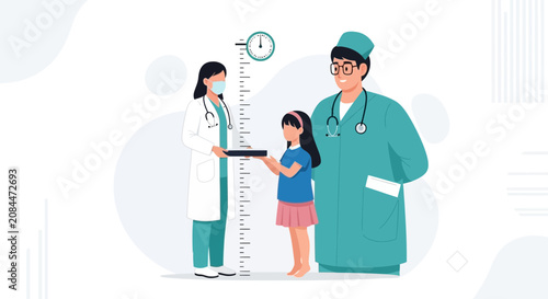 Pediatricians Measure Child's Height with Stadiometer and Scale for Growth Monitoring in Modern Medical Clinic Illustration