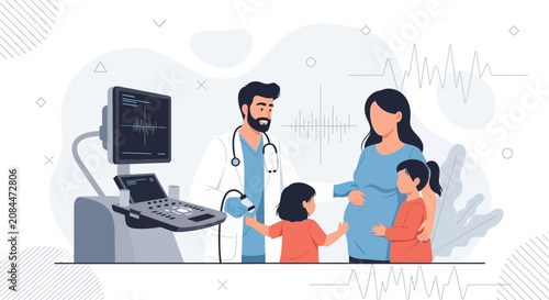 Pregnant Woman and Family at Ultrasound Appointment with Doctor and Equipment, Modern Vector Illustration