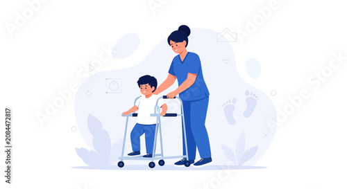 Rehabilitation Nurse Assists Child Walking with Walker, symbolizing recovery and support in a clean, modern vector style.
