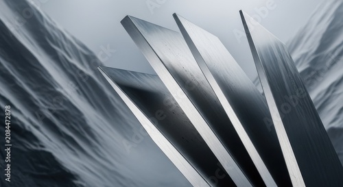 Sharp Metal Sheets Arranged in Dynamic Angles Against Dark Background