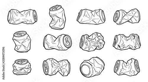 Crushed Aluminum Can Line Art Set with Hand Drawn Doodle Vector Illustration Isolated in Black and White