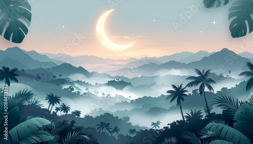 Minimal Crescent Moon Jungle Layered Paper Cut Illustration