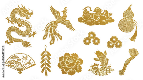 Traditional Chinese New Year gold icons, set of 11 oriental cultural symbols, golden dragon and phoenix vector illustrations for lunar festival