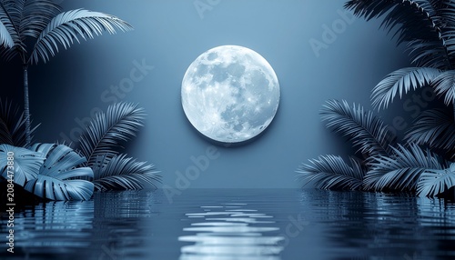 Minimal Midnight Blue Moon Reflection Layered Paper Cut Landscape
