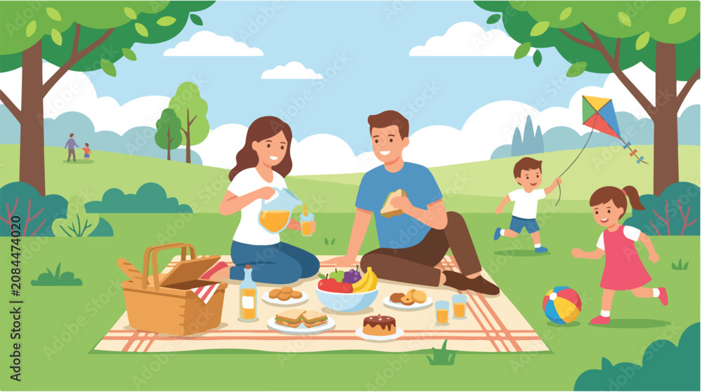 Fototapeta premium Family Picnic Activity with Parents and Children Enjoying Food Outdoors in a Green Park Setting Illustrated from Eye-Level Viewpoint