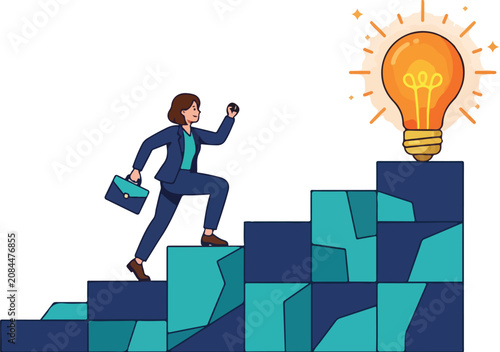 Businesswoman climbing stairs of blocks towards glowing light bulb idea concept, success motivation, creative thinking, professional growth illustration