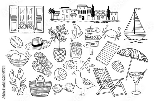 Mediterranean summer coast clipart, hand-drawn outline set for coloring