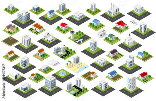 Isometric city elements set buildings roads houses collection