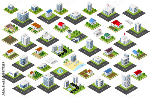 Isometric city elements set buildings roads houses collection