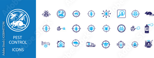 Bild auf Leinwand Pest control solid icon set with insect, spray, rat, termite, pesticide and extermination symbols