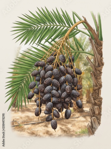 Ajwa Date Cultivar fruits hanging on branches 