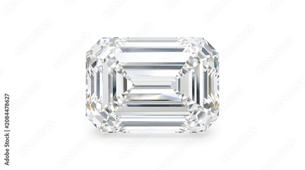 Fototapeta premium Emerald Cut Diamond Gemstone Isolated on White Background, Premium Rectangular Step Cut Colorless Diamond, Luxury Jewelry Stone, High Clarity Crystal, Brilliant Faceted Gem for Jewelry Design