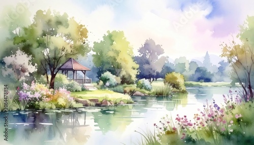 Serene Watercolor Lake Garden Landscape Painting.