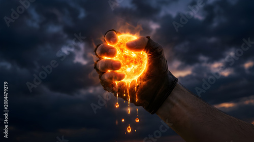 Cinematic surreal photo of a hand squeezing a glowing miniature sun dripping liquid light.