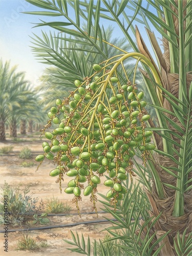 Date Palm Fruit Set Stage – Phoenix dactylifera Scientific Botanical Illustration