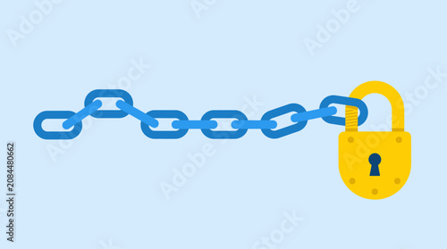 Schilderij op canvas A yellow padlock with blue chain.