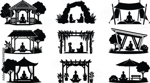 Tableau sur toile Person meditating in various peaceful outdoor pavilions