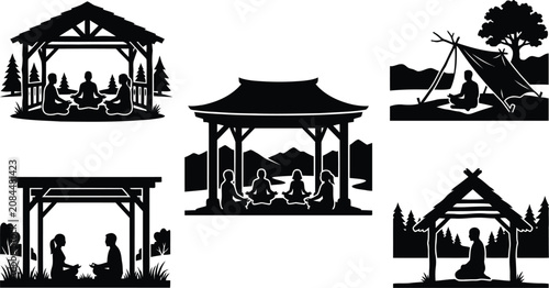 People meditating under wooden pavilion