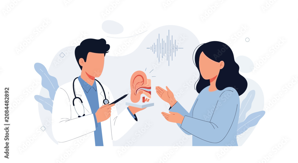 Fototapeta premium Audiologist explains ear anatomy and hearing to patient, with sound wave visualization