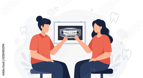 Dentist Consultation: Patient and Doctor Reviewing Dental X-ray with Teeth Illustrations