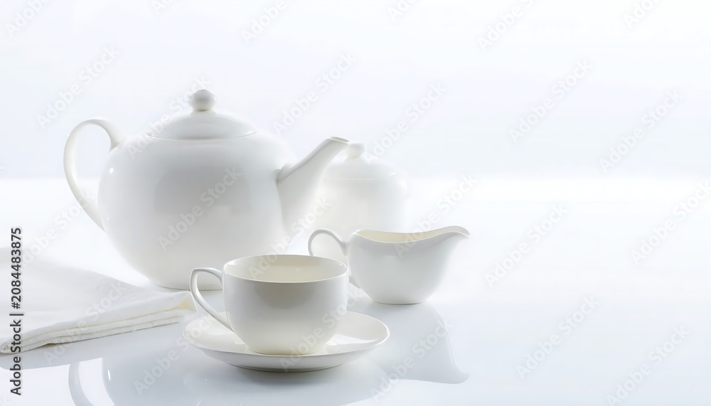 Fototapeta premium ElegantTeaSetMinimalistWhiteBackground.
