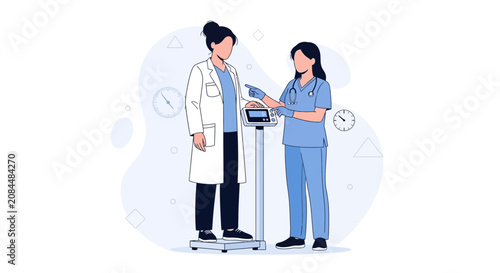 Doctor and Nurse Weighing Patient on Scale, Medical Check-up Illustration