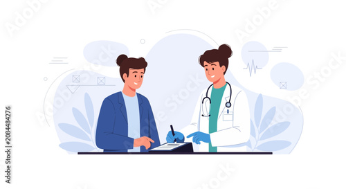 Doctor and Patient Consultation: Medical Check-up, Health Care, and Diagnosis in Modern Flat Vector Illustration Style